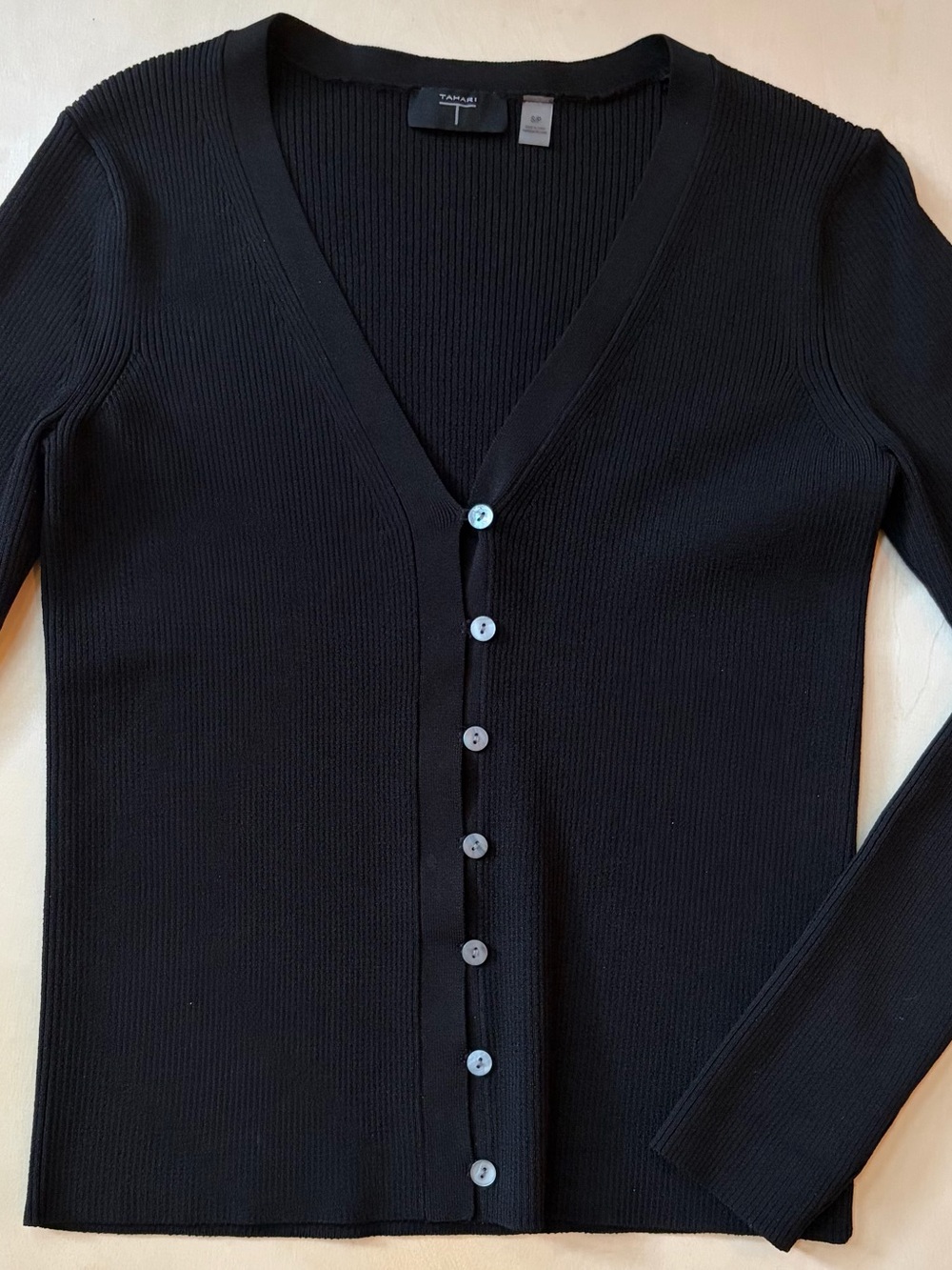 Tahari 90s Style Black Ribbed V-Neck Button Front Cardigan, Size Small